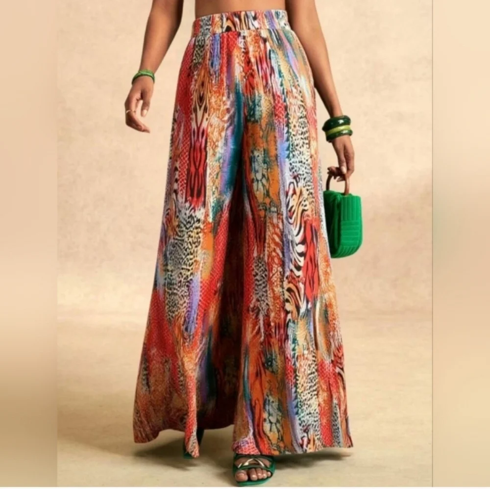 Womens Vibrant Multicolor Wide-Leg Pants Sz Large - Picture 5 of 6